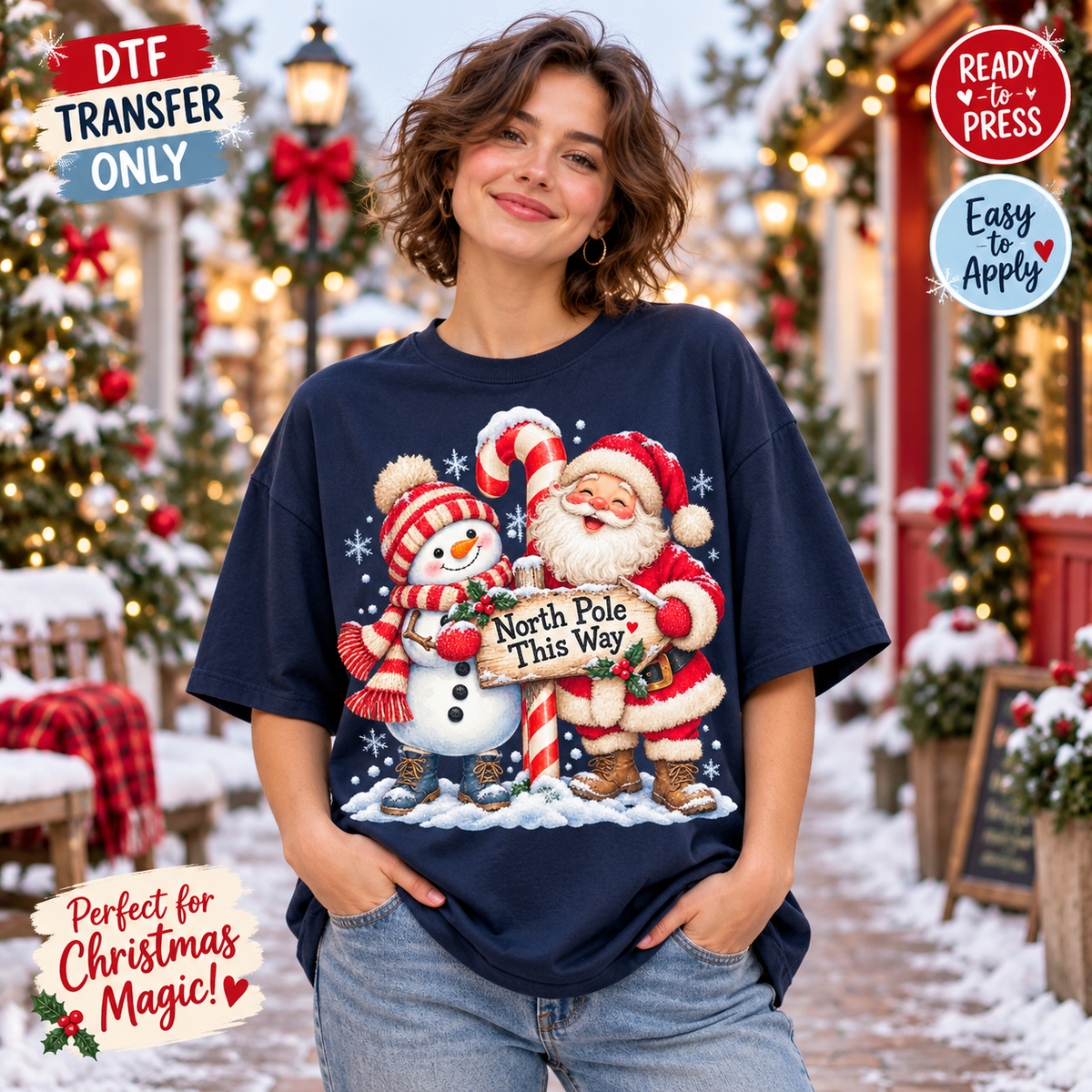 A woman wearing a navy blue Christmas-themed oversized t-shirt with a DTF transfer graphic of Santa Claus, a snowman, and a candy cane. The background is a snowy, decorated Christmas street scene.