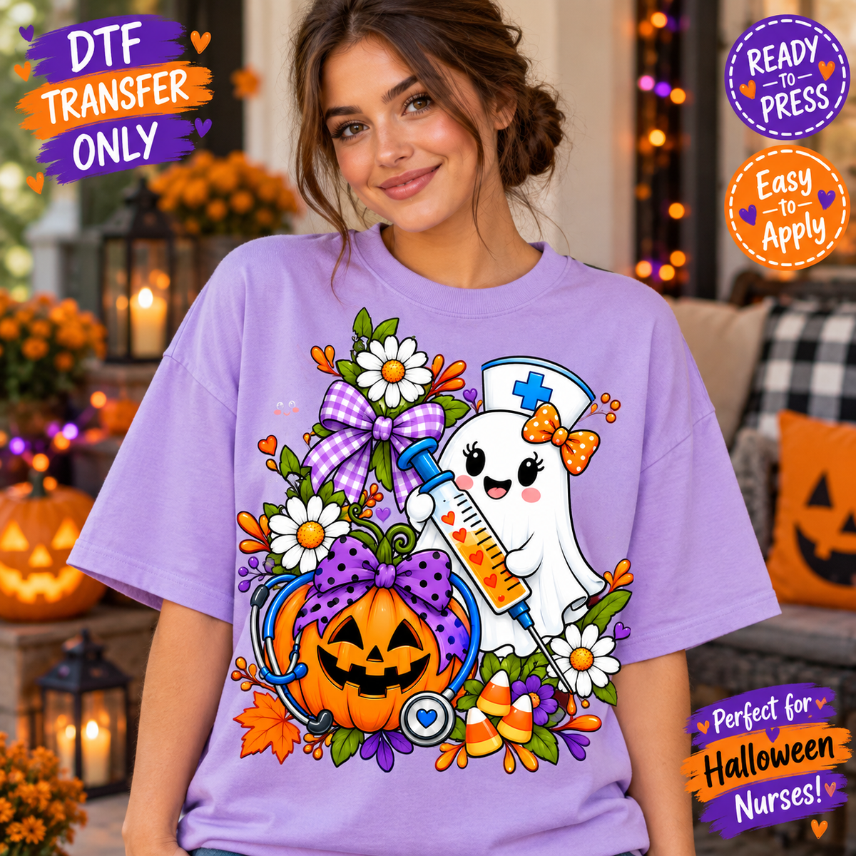 Halloween Nurse Ghost & Pumpkin DTF Transfer shirt mock up