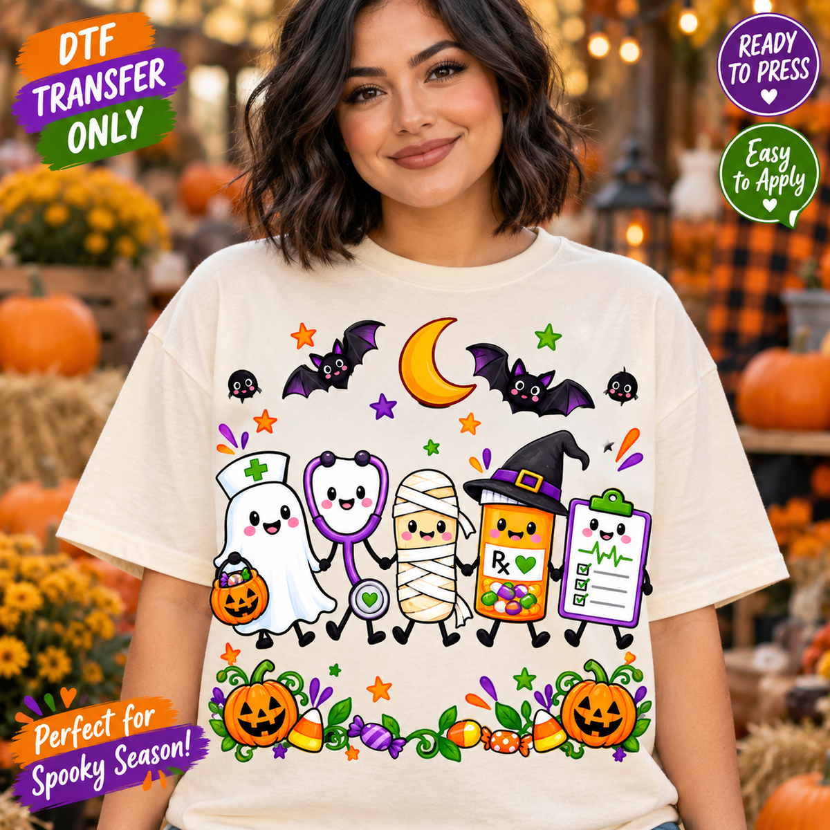 A woman wearing a cream-colored t-shirt with a colorful cartoon Halloween graphic, set against a blurred autumn pumpkin patch background. Promotional badges for DTF transfer are visible in the corners.