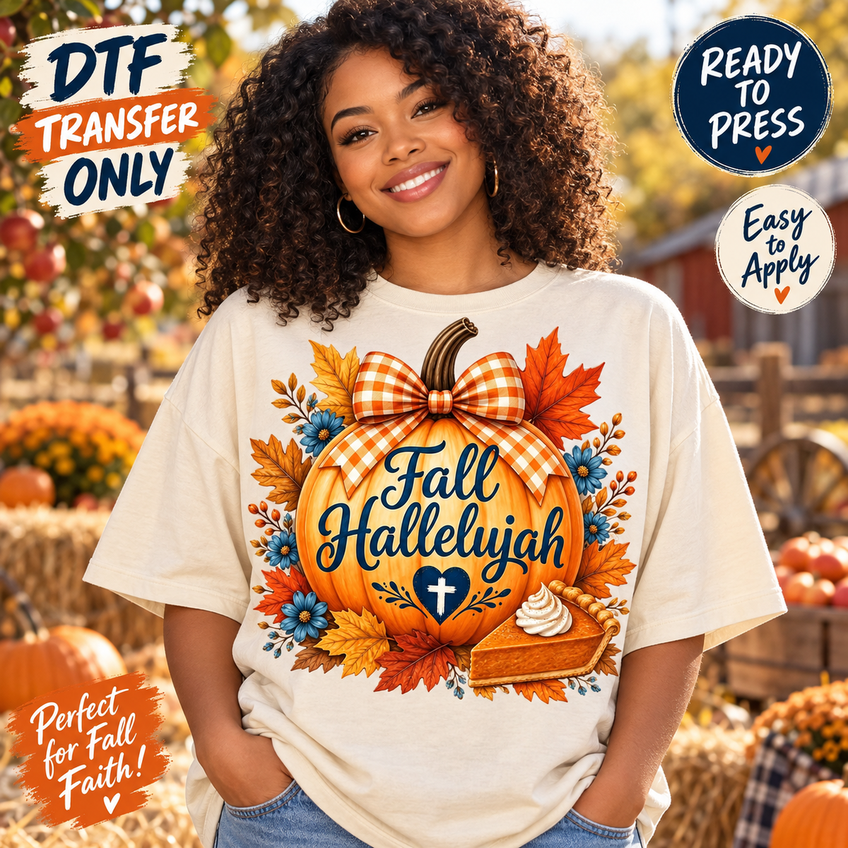 Fall Hallelujah Pumpkin & Cross Christian DTF Transfer shirt mock up
