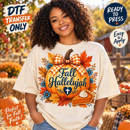 Fall Hallelujah Pumpkin & Cross Christian DTF Transfer shirt mock up