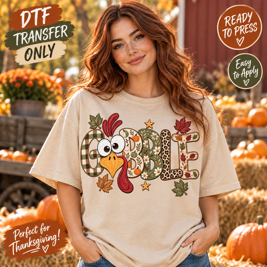 Gobble Turkey Thanksgiving DTF Transfer - Botanical Patchwork shirt mock up