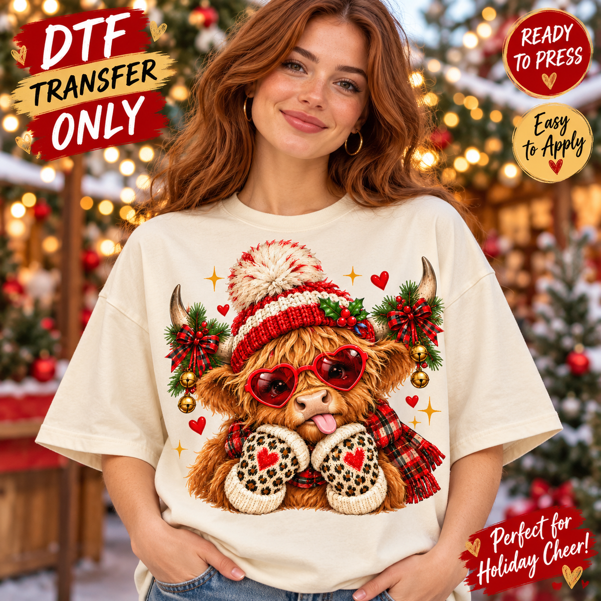 Christmas Highland Cow DTF Transfer - Heart Sunglasses shirt mock up