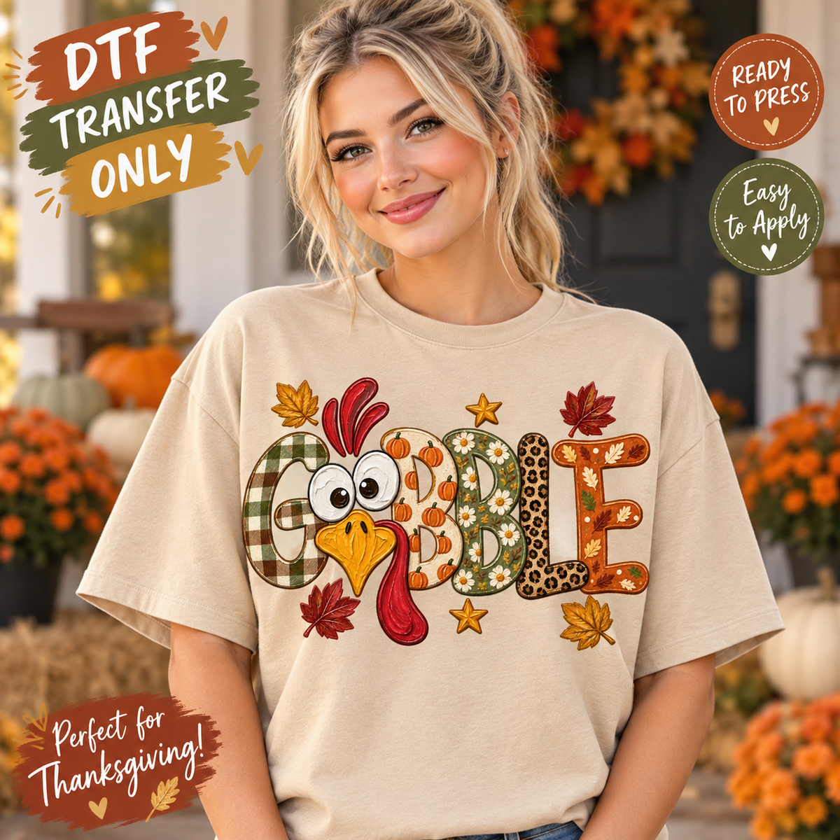 Gobble Turkey Thanksgiving DTF Transfer - Orange Patchwork 15450