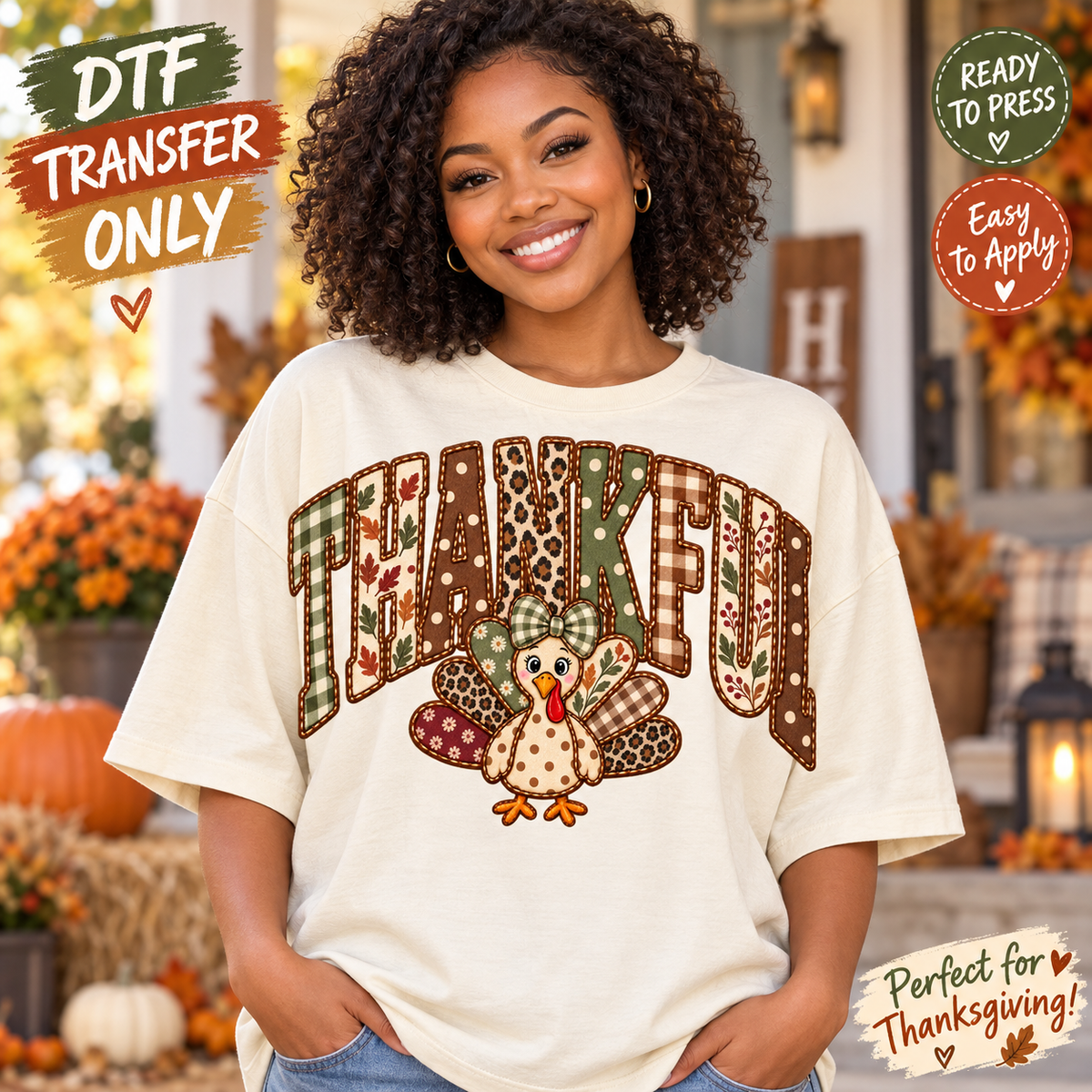 Thankful Turkey Thanksgiving DTF Transfer - Patchwork Arch 15454