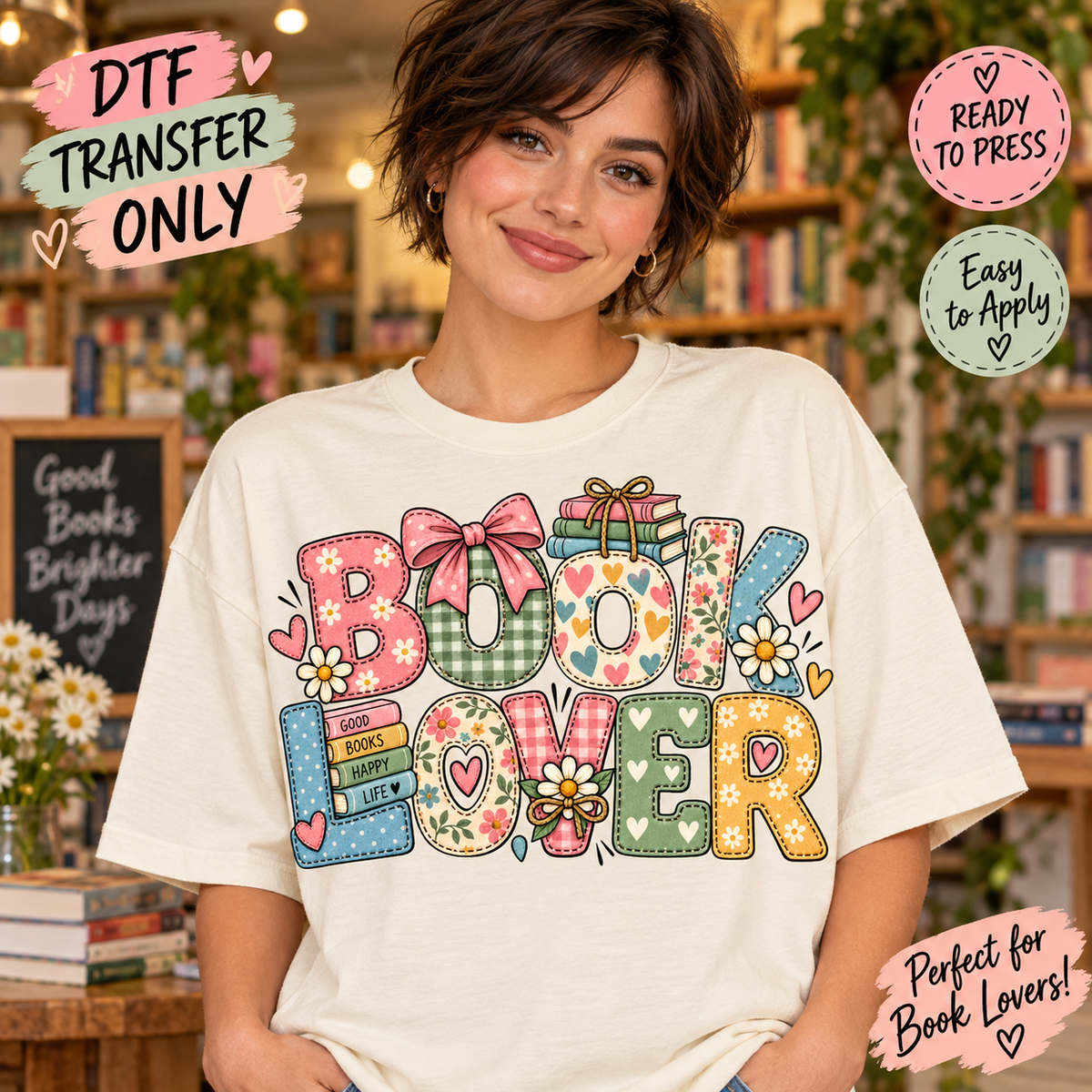 Book Lover DTF Transfer - Floral Bow & Books mock up
