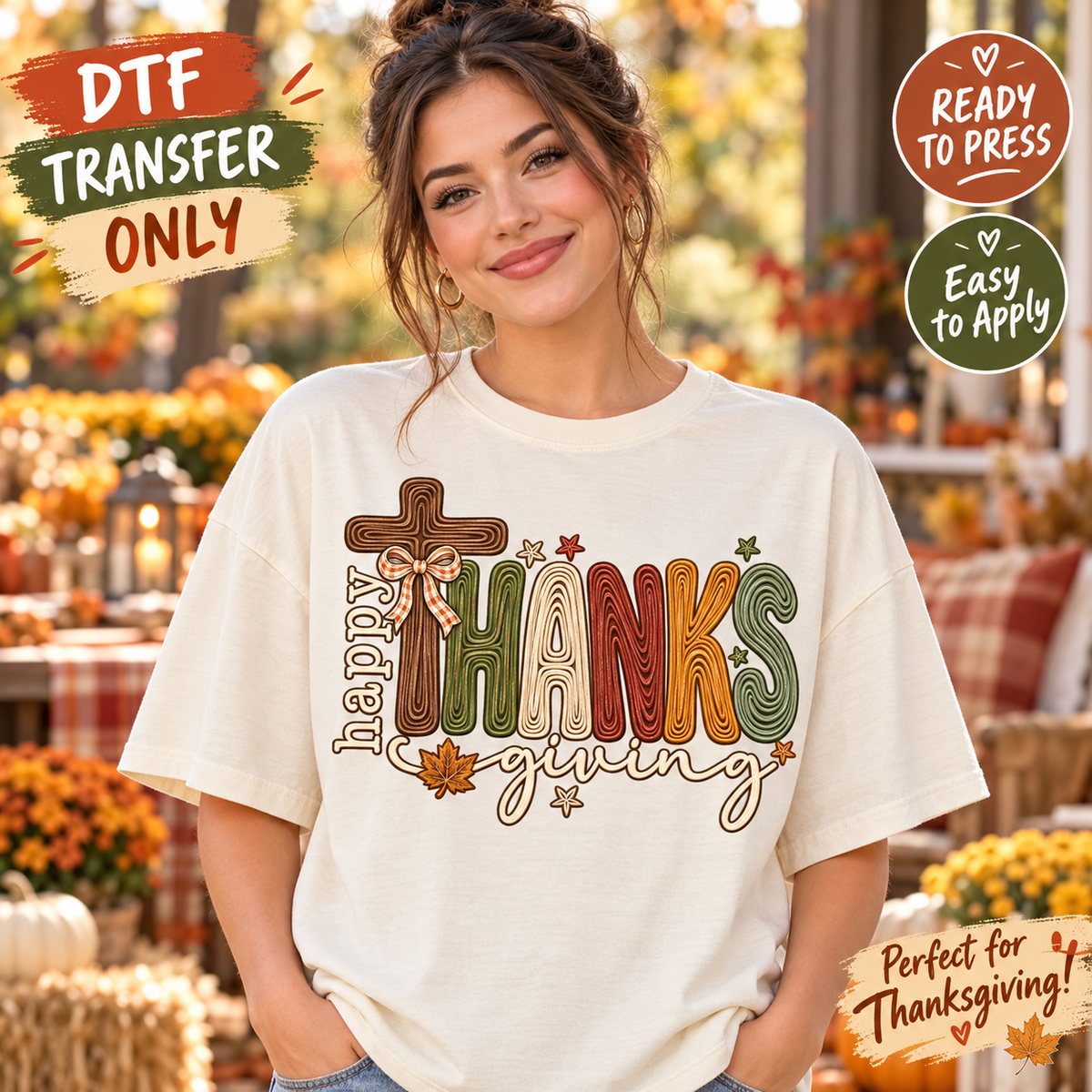 Happy Thanksgiving Christian Cross DTF Transfer mock up