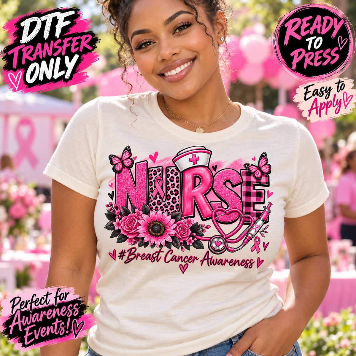 Nurse Breast Cancer Awareness DTF Transfer - Pink Ribbon shirt mock up