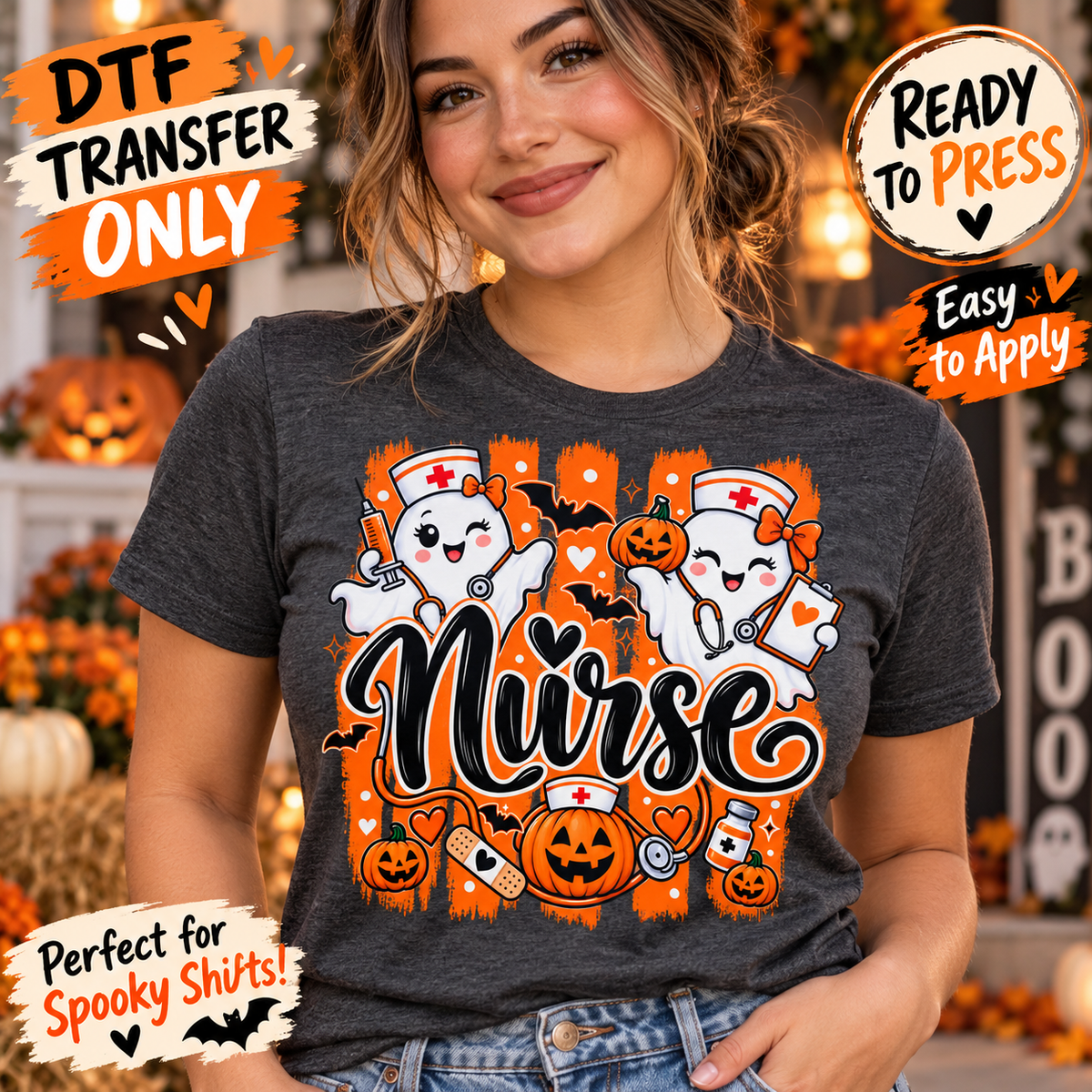 Halloween Nurse Ghost & Pumpkin DTF Transfer shirt mock up