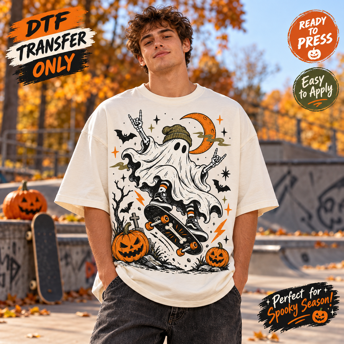 Skateboarding Ghost Halloween DTF Transfer 15474