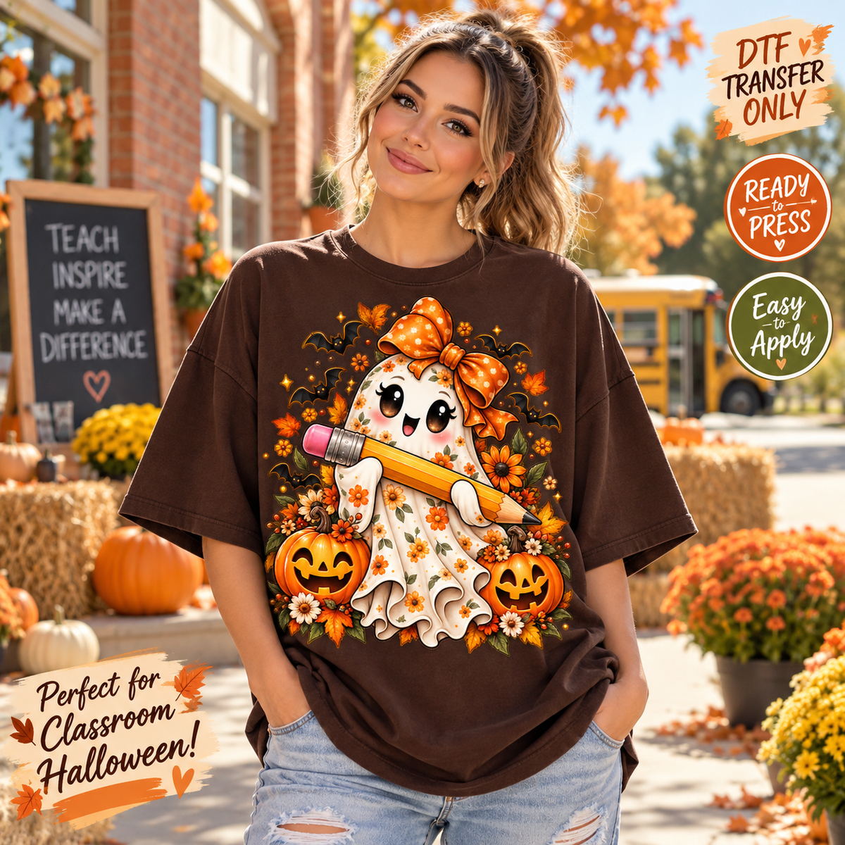 Halloween Teacher Ghost Pencil & Bow DTF Transfer shirt mock up
