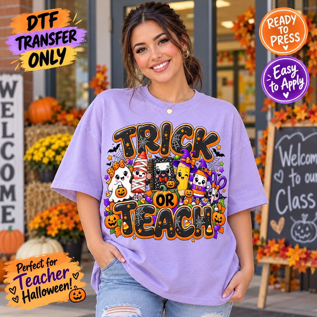 Trick or Teach Halloween Teacher DTF Transfer shirt mock up