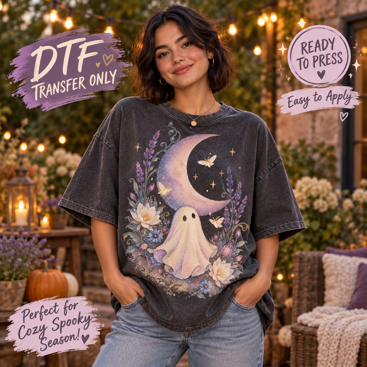 Crescent Moon Floral Ghost Halloween DTF Transfer 15484