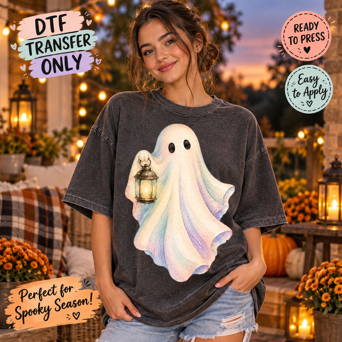 Pastel Lantern Ghost Halloween DTF Transfer 15486