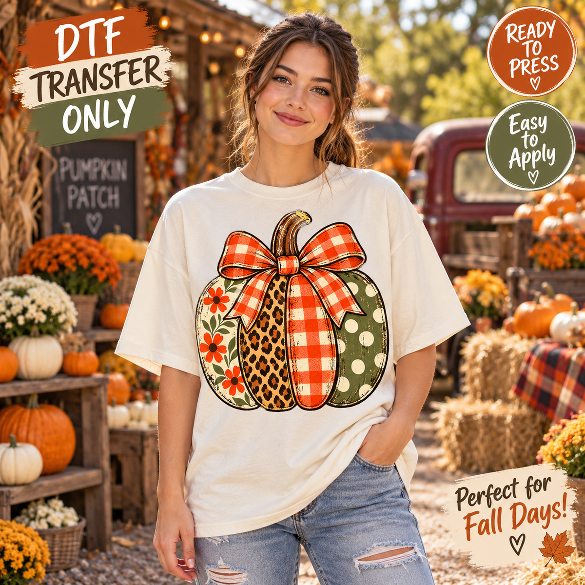 Patchwork Pumpkin Fall DTF Transfer - Plaid Bow 15493