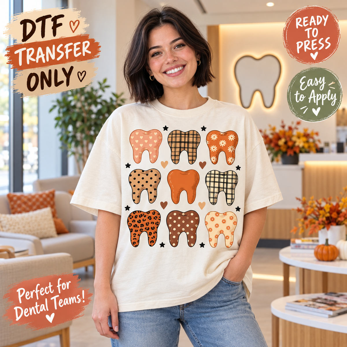 Fall Dental Teeth DTF Transfer - Patchwork Patterns 15494