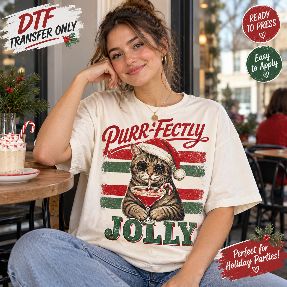 Purr-fectly Jolly Christmas Cat DTF Transfer 15502