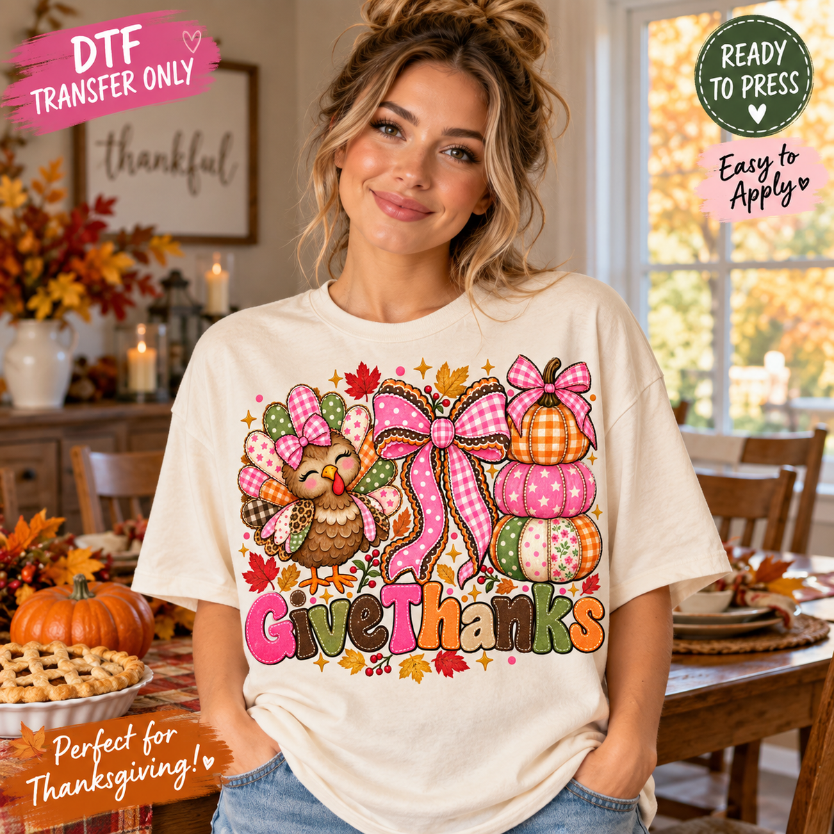 Give Thanks Thanksgiving DTF Transfer – Turkey and Pink Bow shirt mock up
