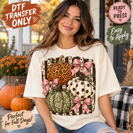Fall Pumpkin DTF Transfer – Leopard Print and Pink Bows shirt mock up