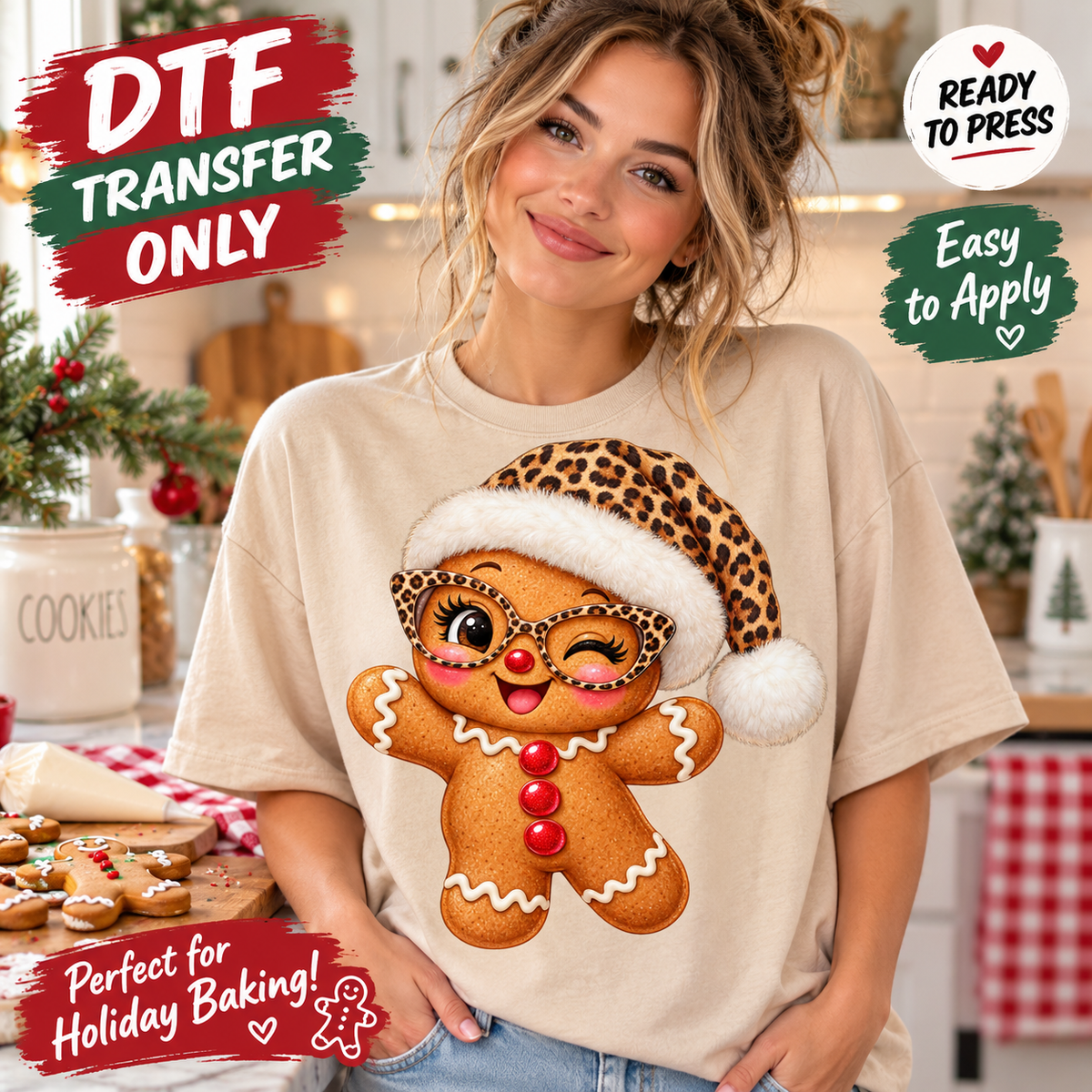 Christmas Gingerbread DTF Transfer – Leopard Santa Hat mock up