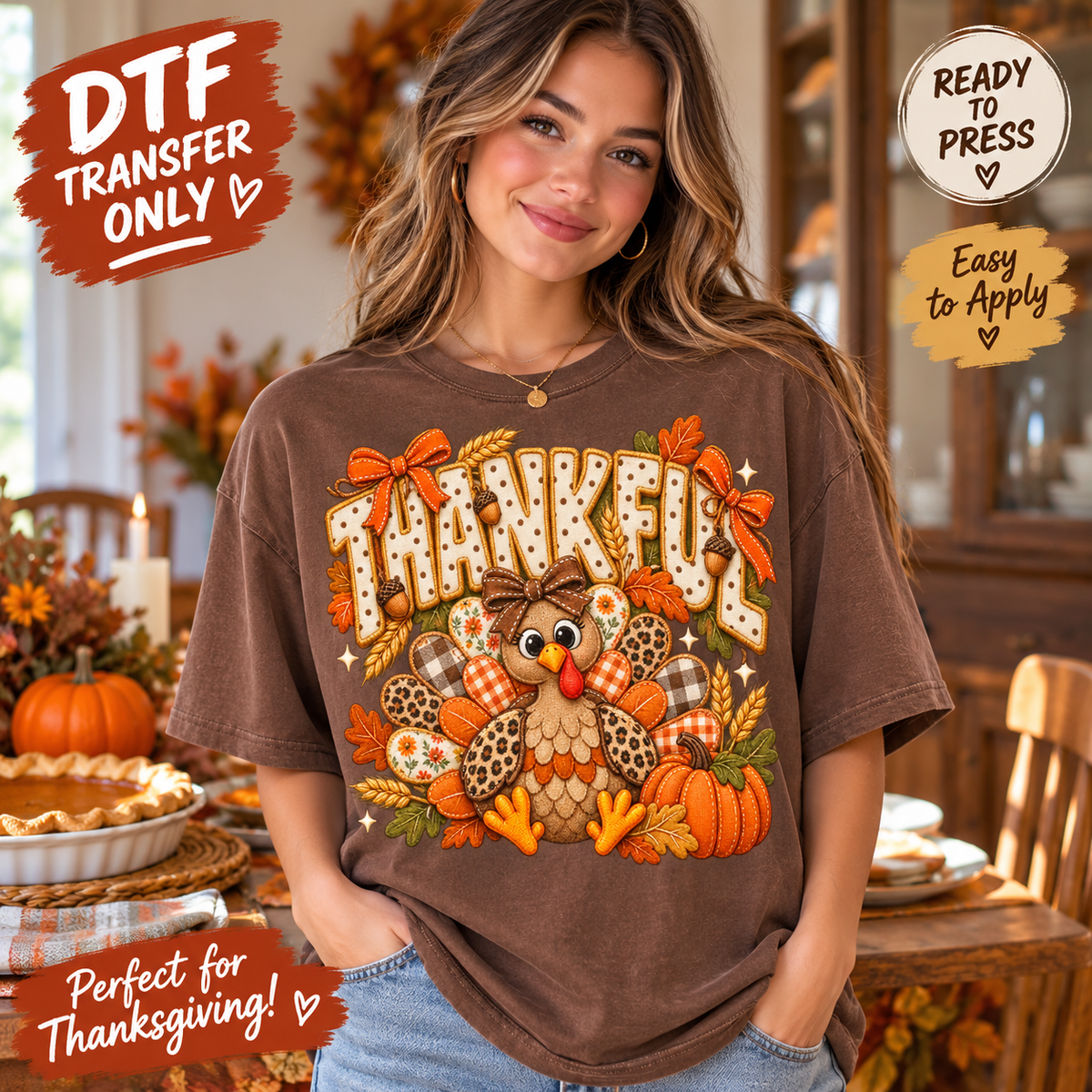 Thankful Turkey Thanksgiving DTF Transfer – Patchwork Bow mock up