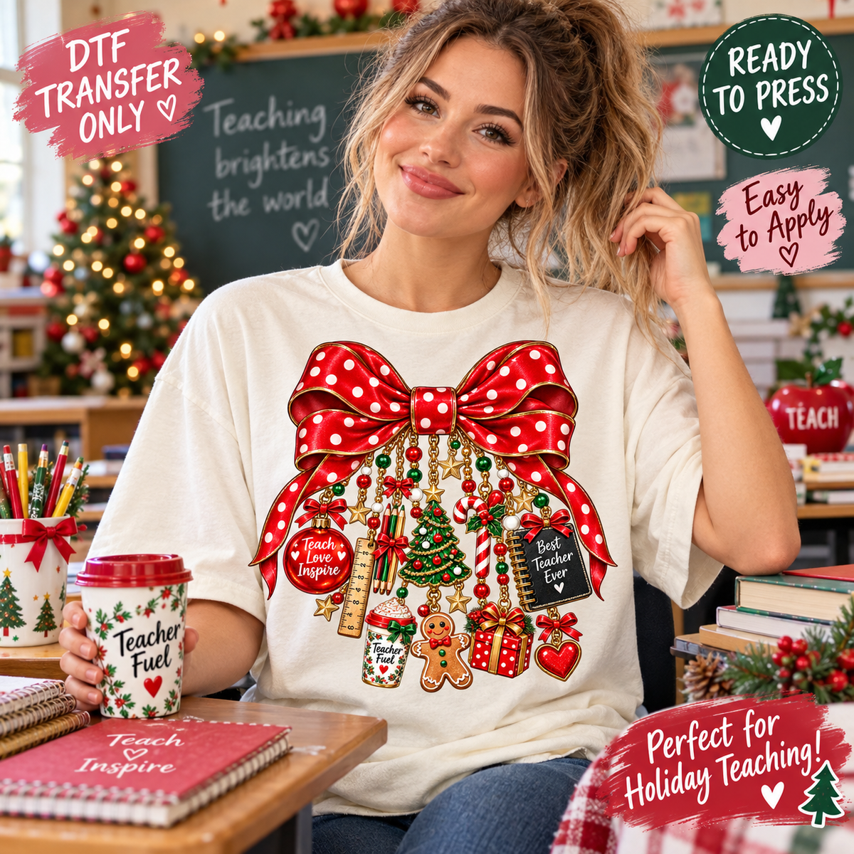 Christmas Teacher DTF Transfer – Holiday Charm Bow 15519