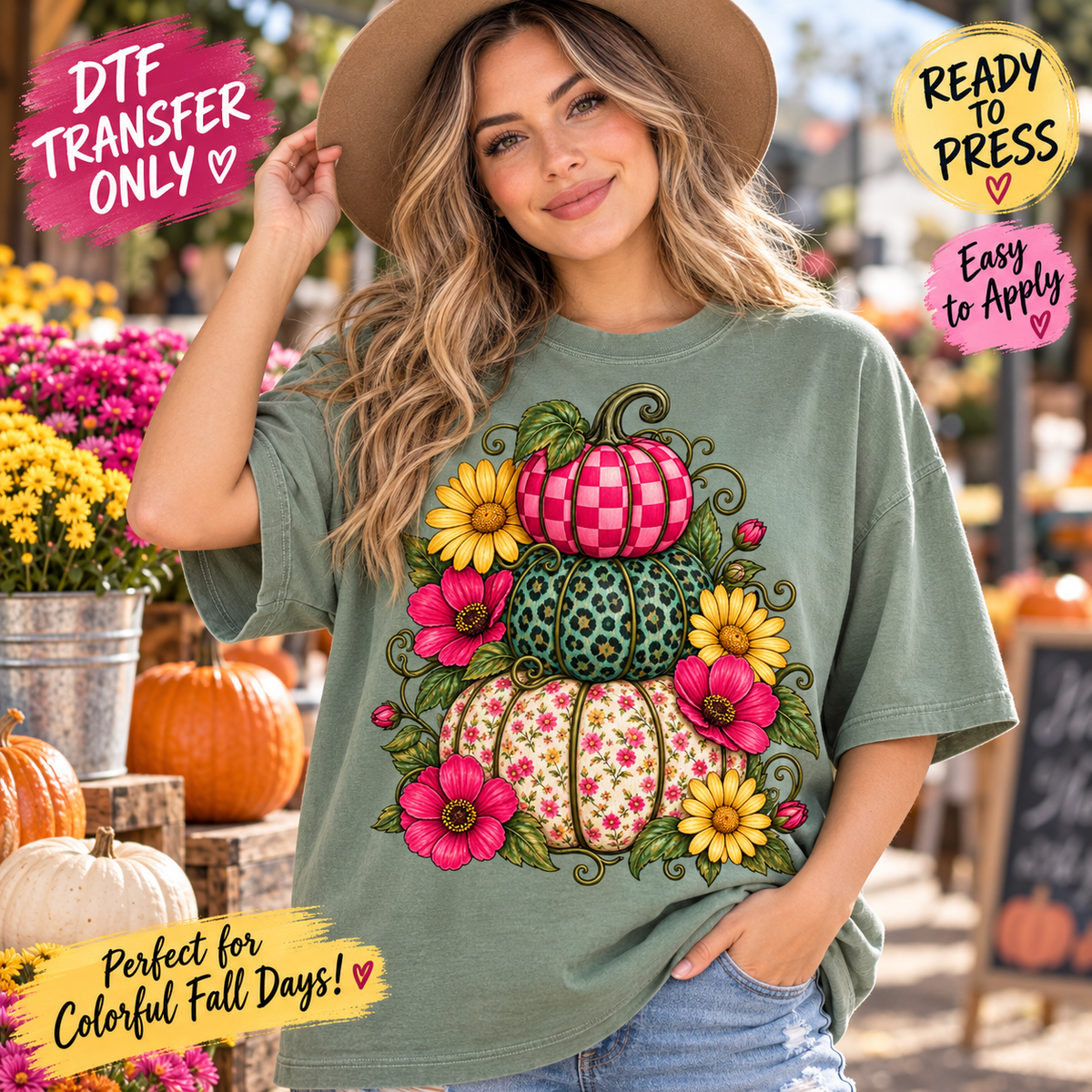 Floral Pumpkin Stack Fall DTF Transfer – Pink Checkerboard 15520