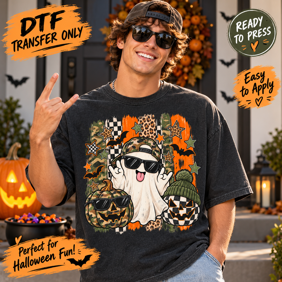 Cool Ghost Halloween DTF Transfer – Camo Pumpkins 15521