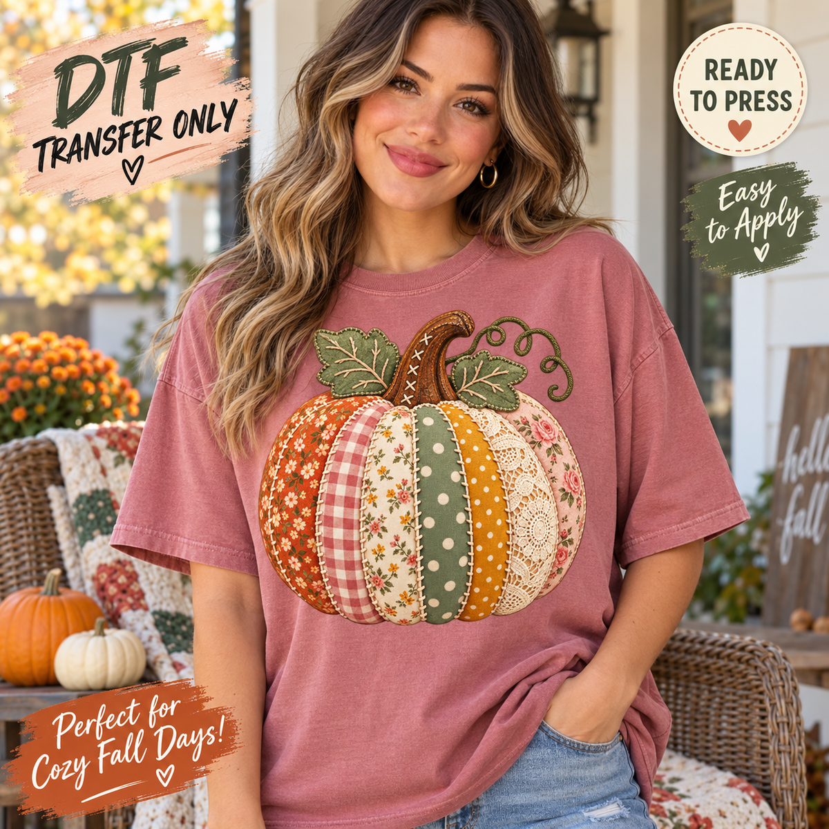 Patchwork Pumpkin Fall DTF Transfer – Floral and Lace Style 15526