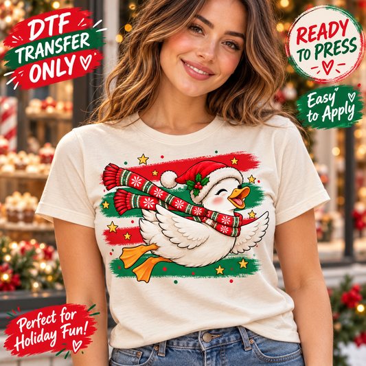 Cute Christmas Goose DTF Transfer – Santa Hat and Scarf 15543