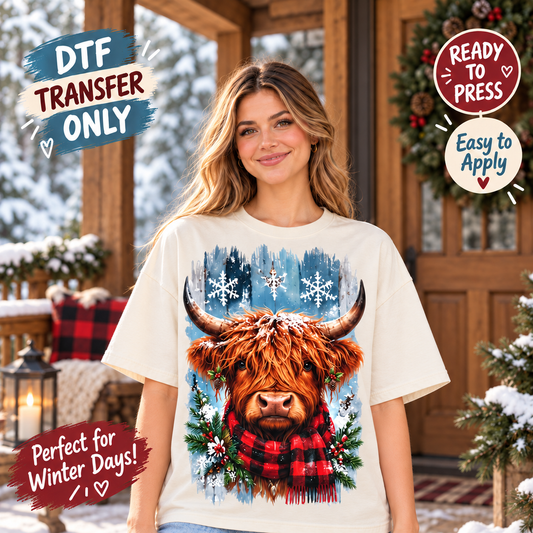 Winter Highland Cow DTF Transfer – Plaid Scarf and Snowflakes 15567