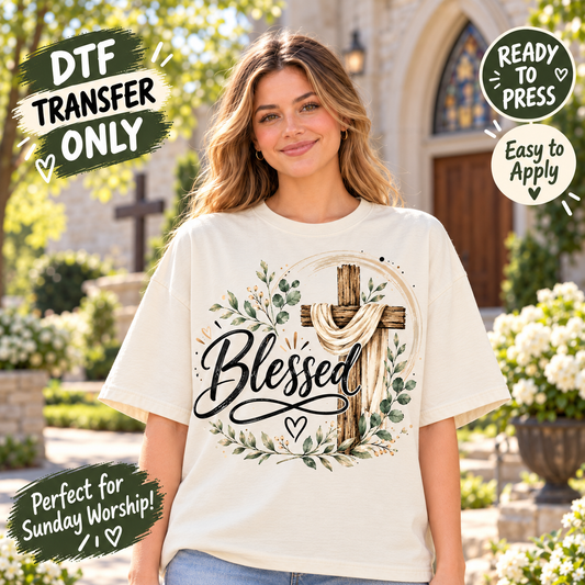 Blessed Christian Cross DTF Transfer – Botanical Faith 15571