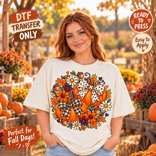 Fall Pumpkin DTF Transfer – Floral Wreath and Patterned Bows 15572