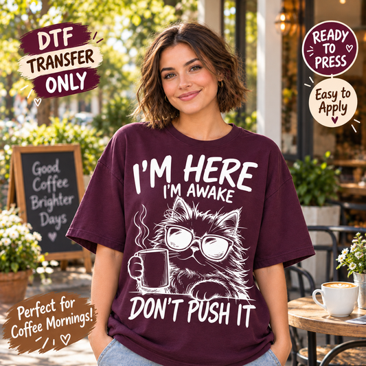 I’m Here I’m Awake Don’t Push It Funny Cat DTF Transfer – Coffee Humor 15575