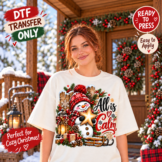 All Is Calm Christmas Snowman DTF Transfer – Rustic Winter 15579
