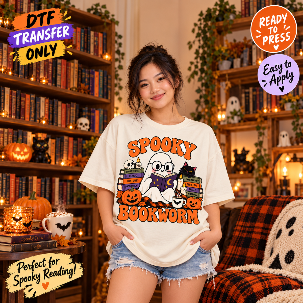 Spooky Bookworm Ghost Book Lover Halloween DTF Transfer 15589