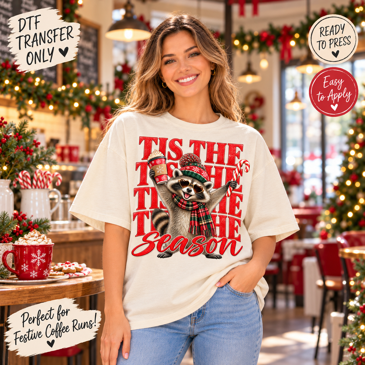 Tis The Season Raccoon Coffee Christmas DTF Transfer 15593