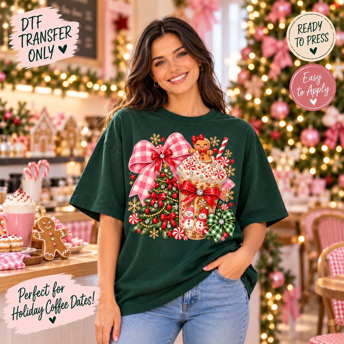 Christmas Gingerbread Coffee Pink Bow DTF Transfer 15596