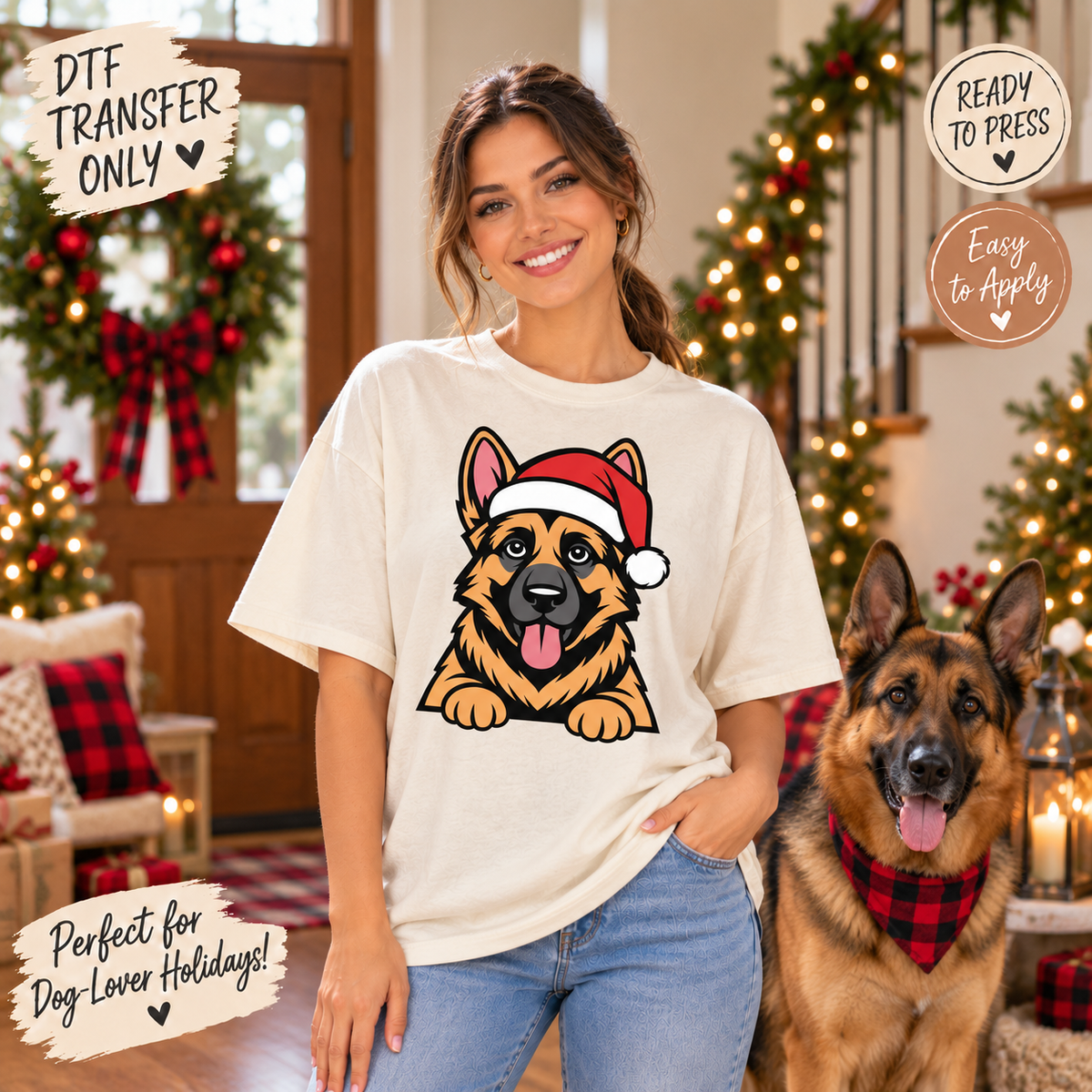 German Shepherd Santa Hat Christmas DTF Transfer 15599