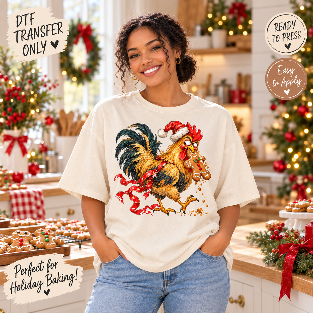 Christmas Rooster Gingerbread Cookie DTF Transfer 15601