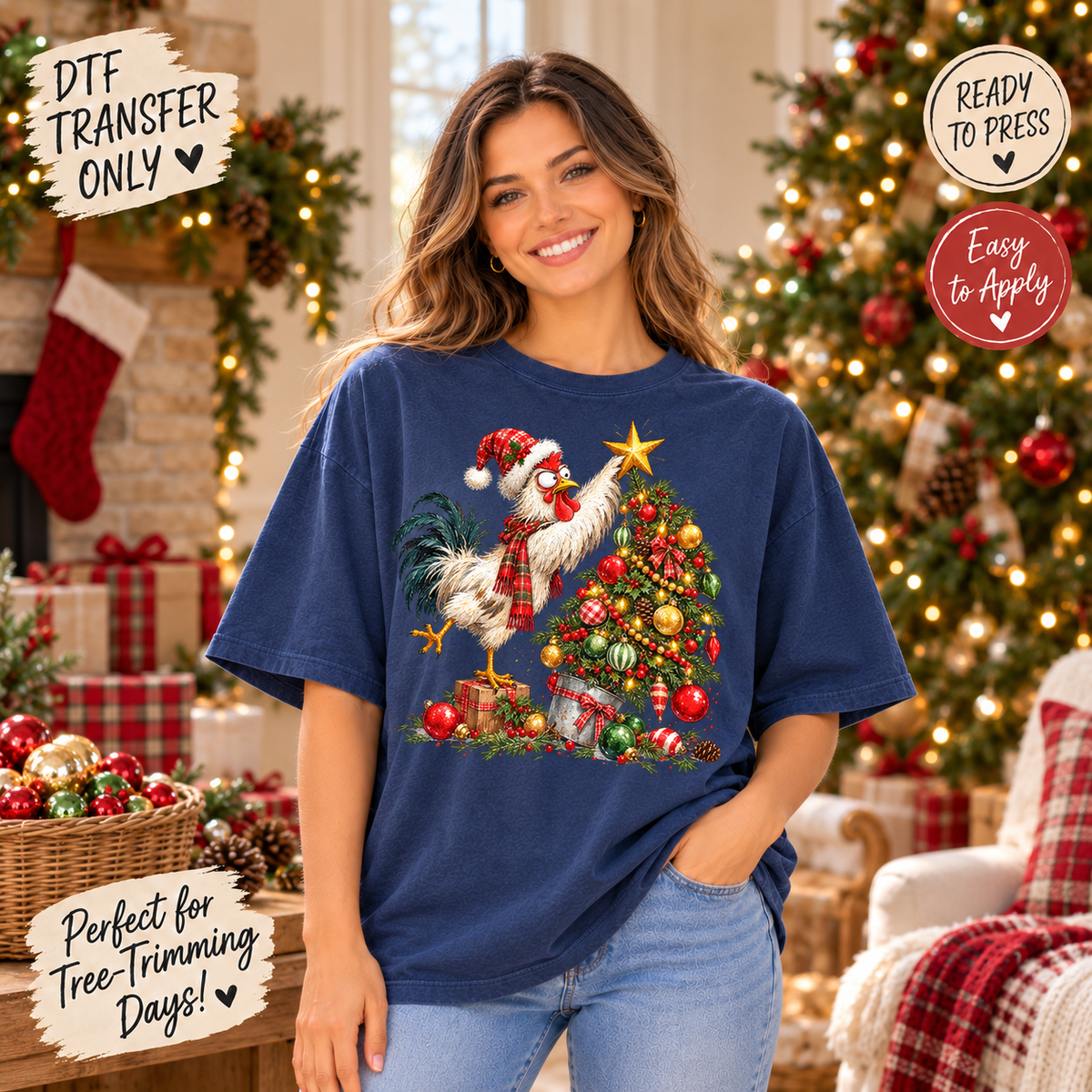 Christmas Rooster Decorating Tree DTF Transfer 15602