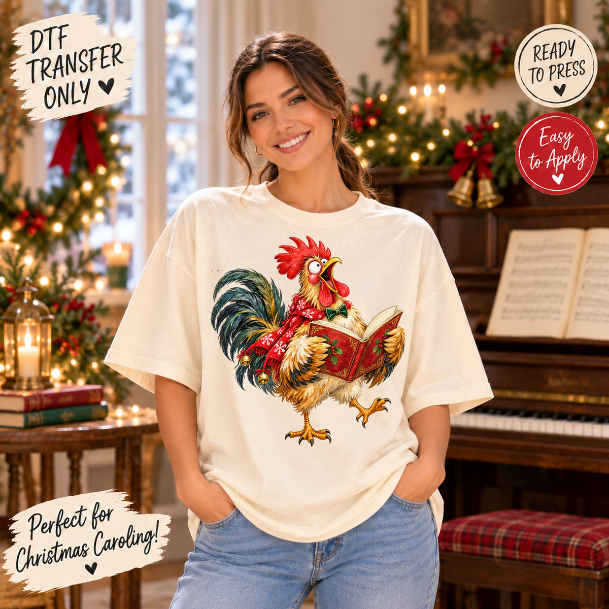 Christmas Rooster Caroling DTF Transfer 15604