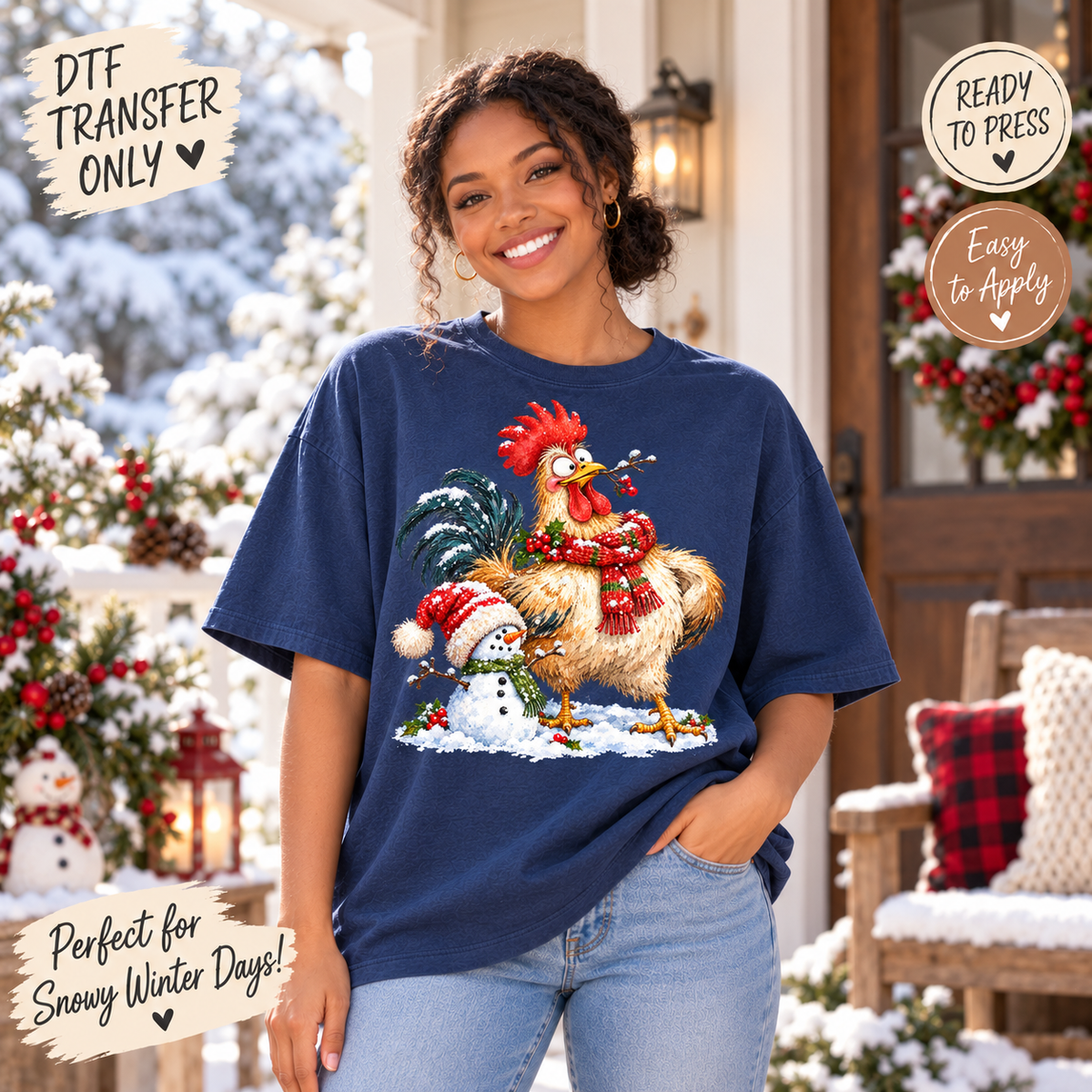 Christmas Rooster With Snowman Winter DTF Transfer 15605