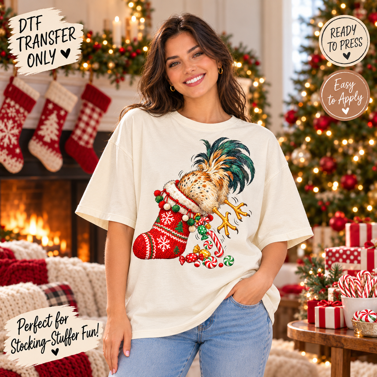 Christmas Rooster In Stocking DTF Transfer 15606