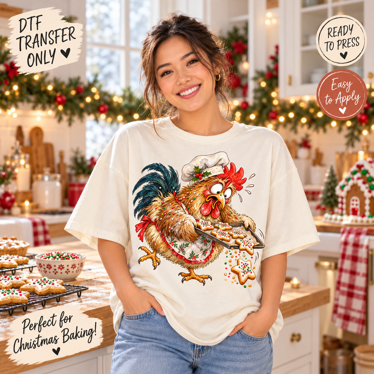 Funny Christmas Baking Rooster DTF Transfer 15608
