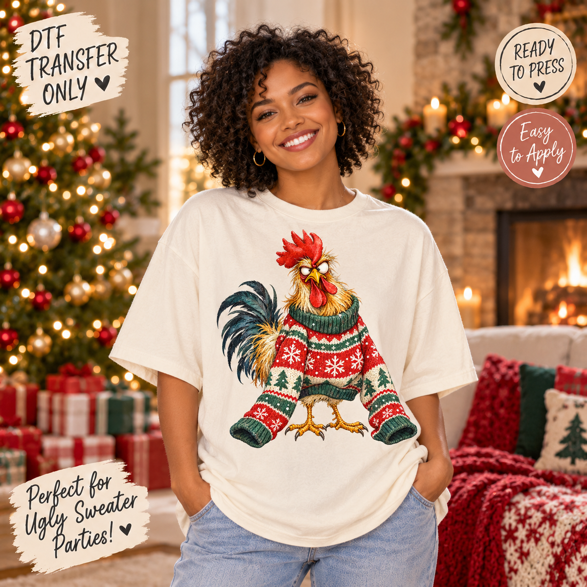 Funny Christmas Sweater Rooster DTF Transfer 15609