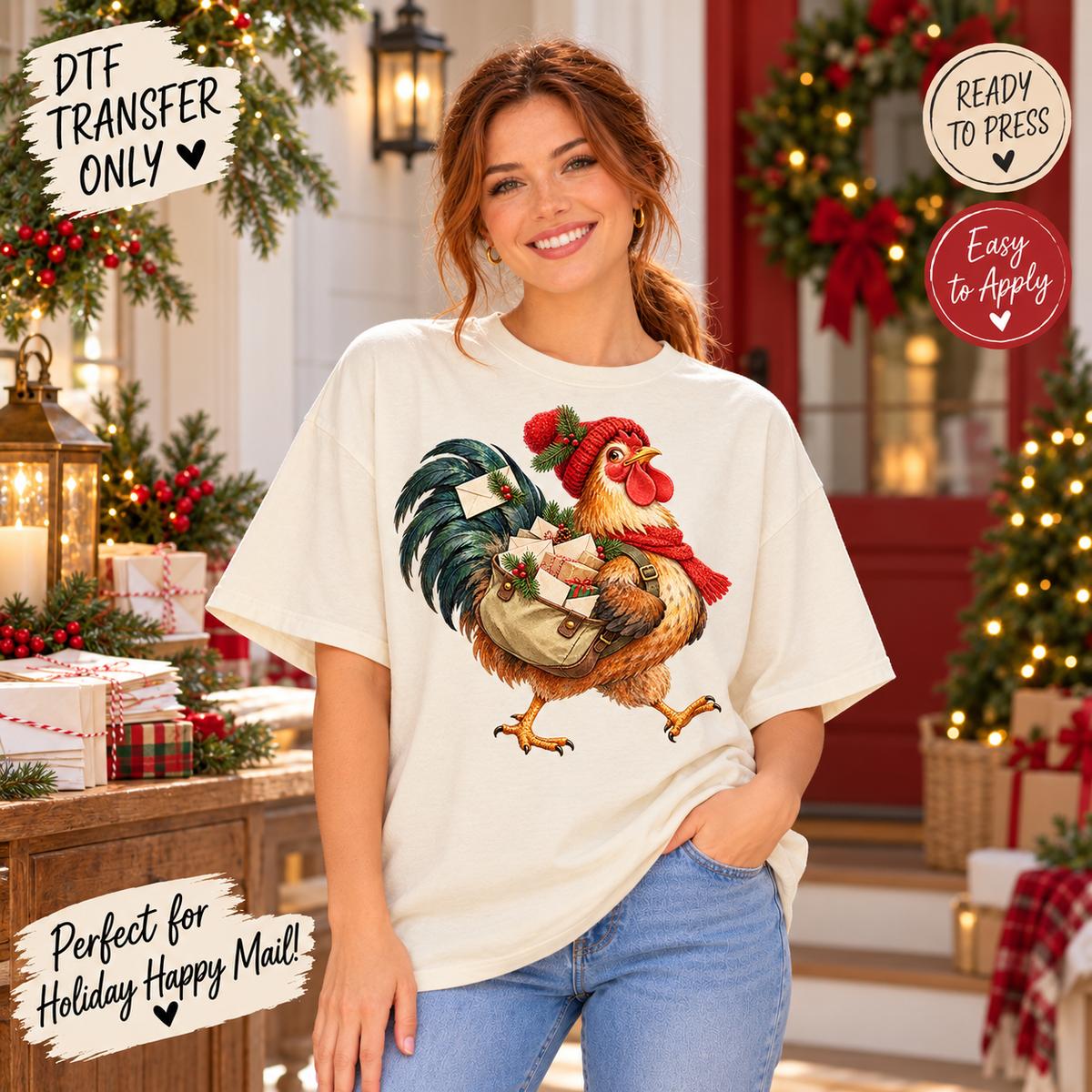 Christmas Mail Carrier Rooster DTF Transfer 15610
