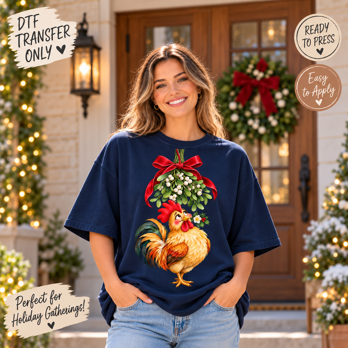 Christmas Mistletoe Rooster DTF Transfer 15612