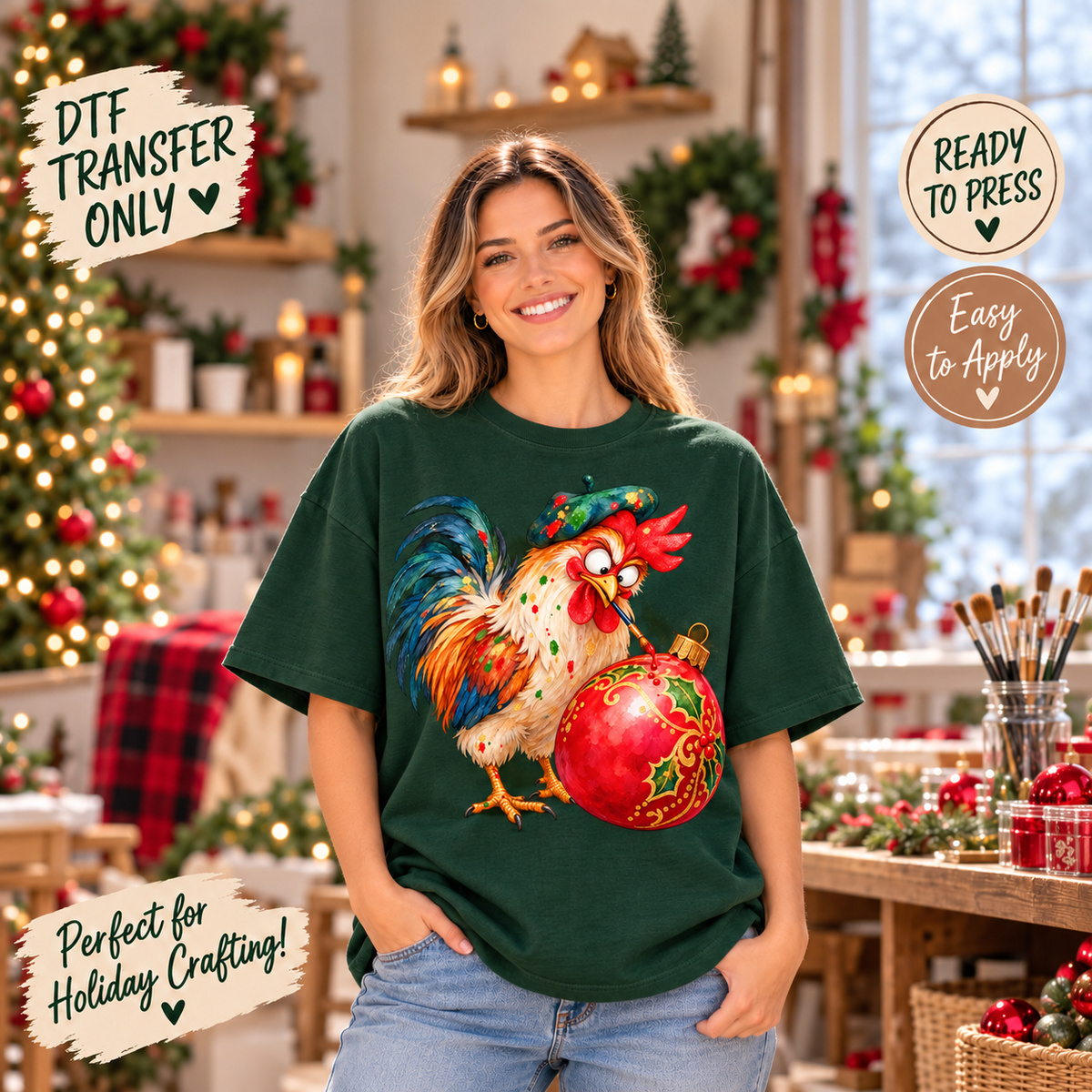 Christmas Ornament Rooster DTF Transfer 15614