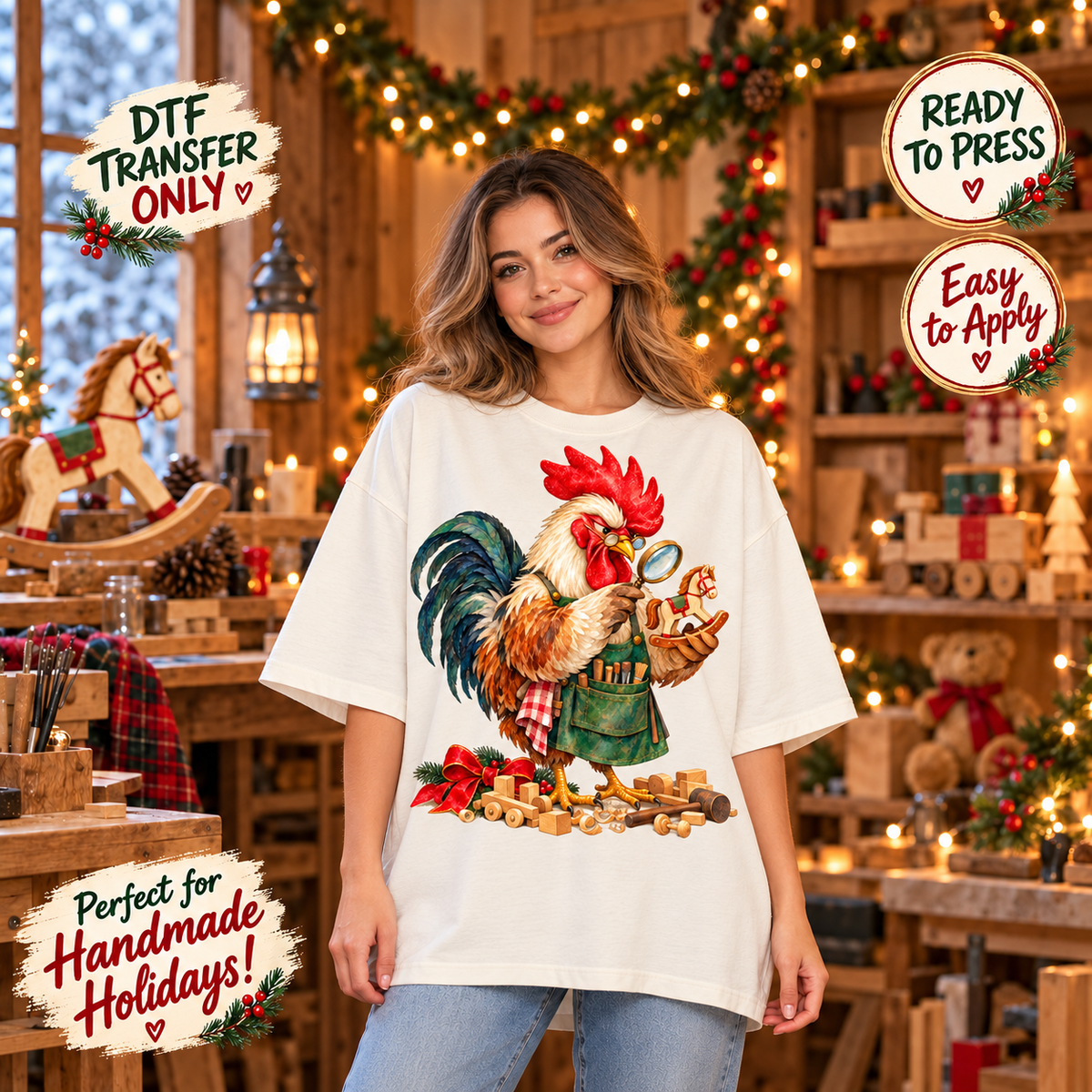Christmas Toymaker Rooster DTF Transfer 15618